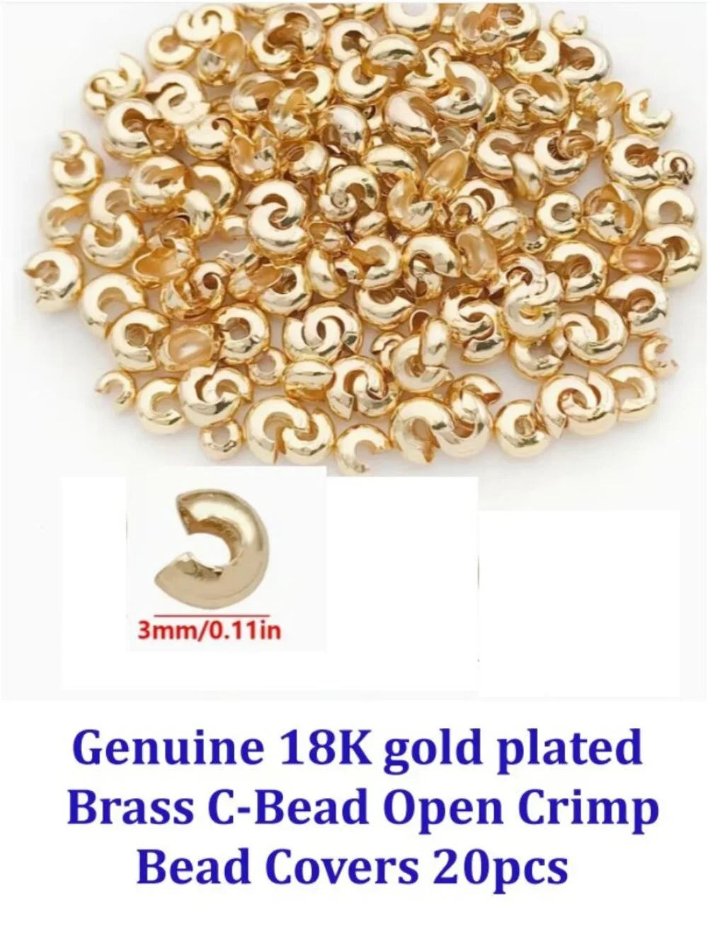 Genuine 18K gold plated  Brass C-Bead Open Crimp  Bead Covers 20pcs